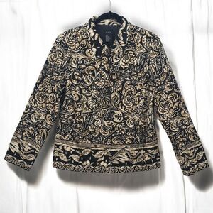 RQT Paisley Print Linen Cotton Zip Front Jacket Black Tan Floral Baroque Size 12
